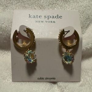 Kate Spade Gold Huggies Hoop Earrings w/ Iridescent Stones for Pierced Ears NWT